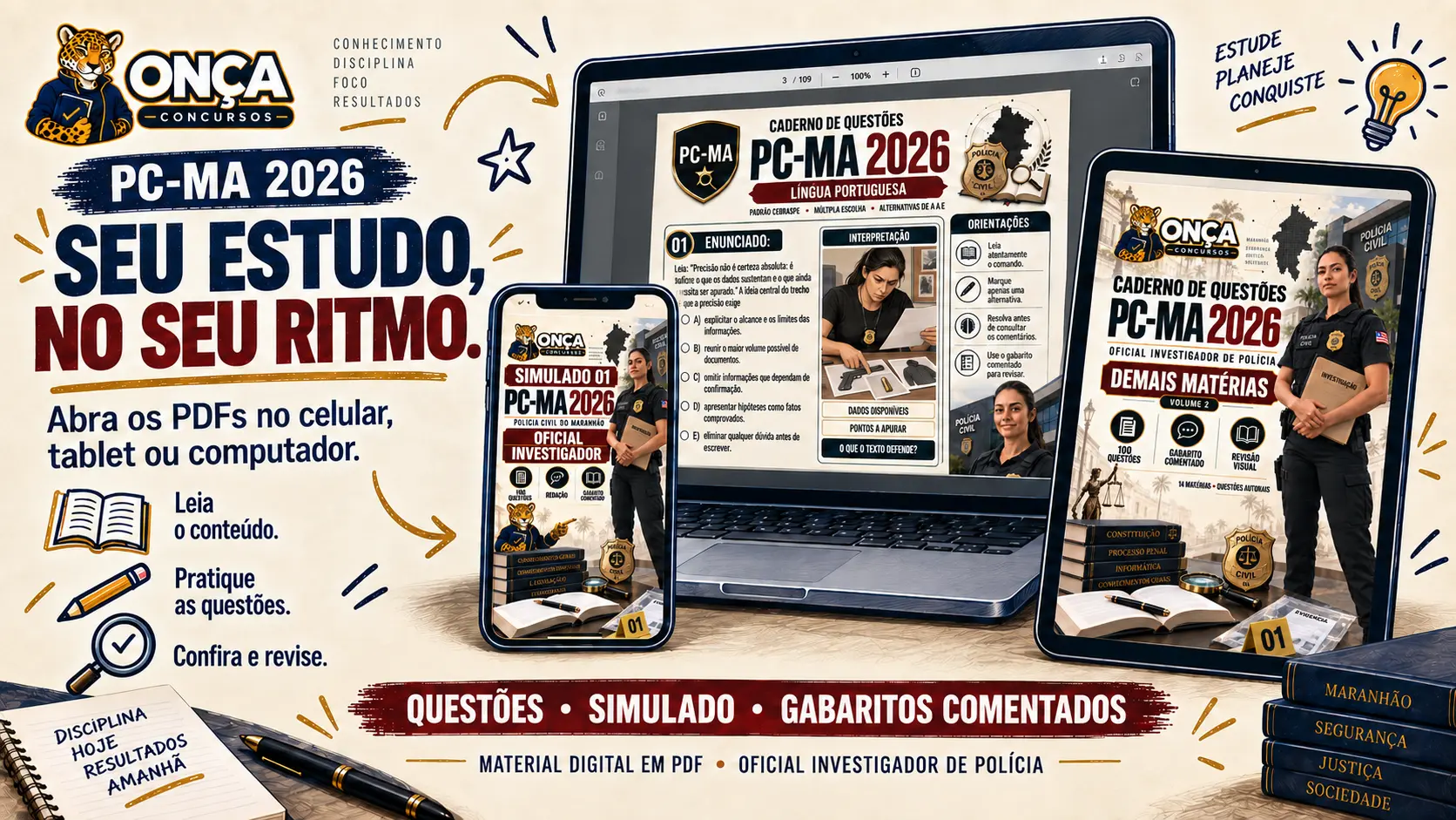 Material PC-MA 2026 aberto em celular, tablet e computador