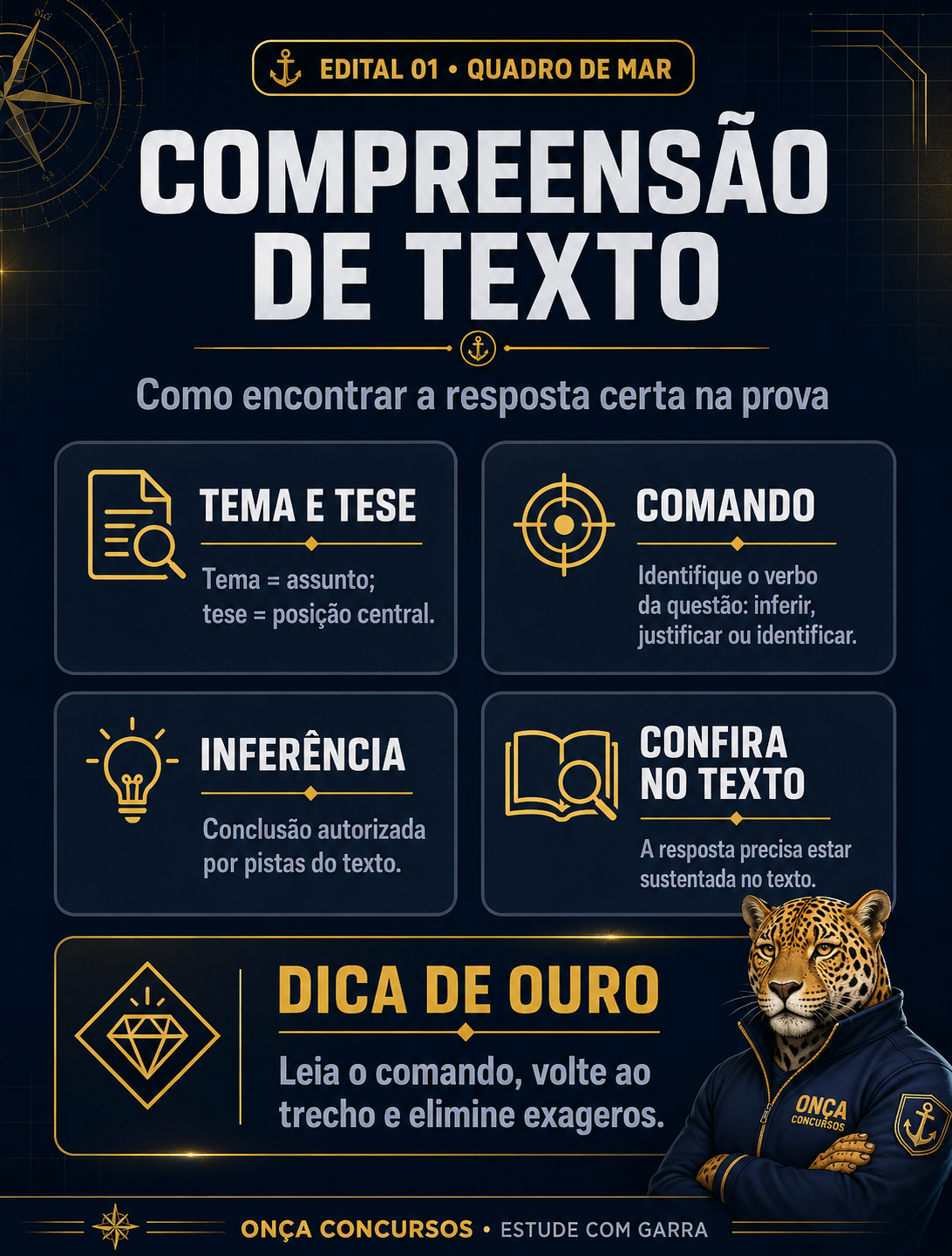 Infográfico escuro sobre compreensão de texto com dica de ouro da Onça Concursos