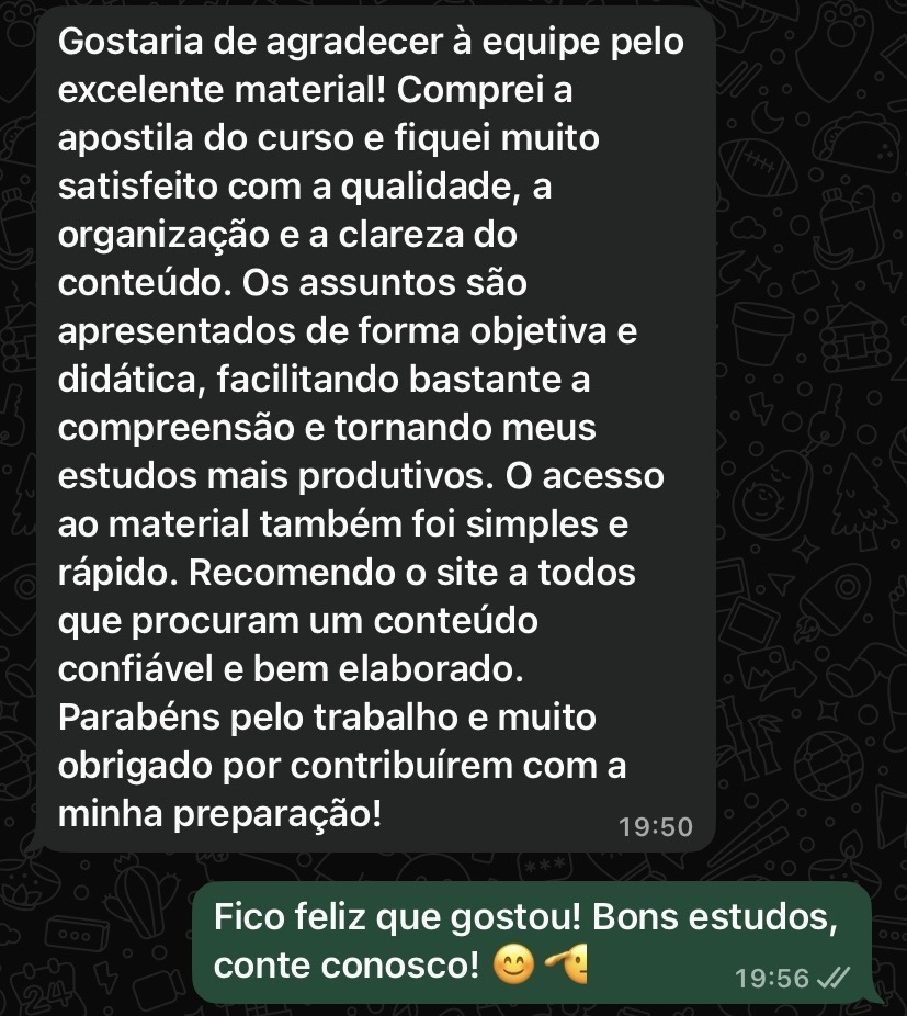 Aluno agradece pela qualidade, organização e clareza da apostila