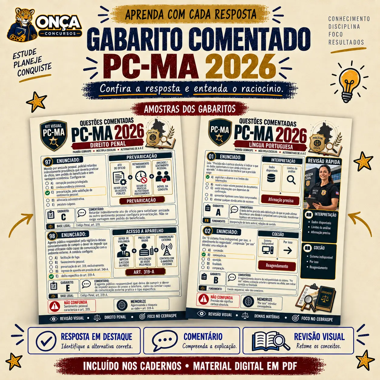 Amostras dos gabaritos comentados dos cadernos PC-MA 2026