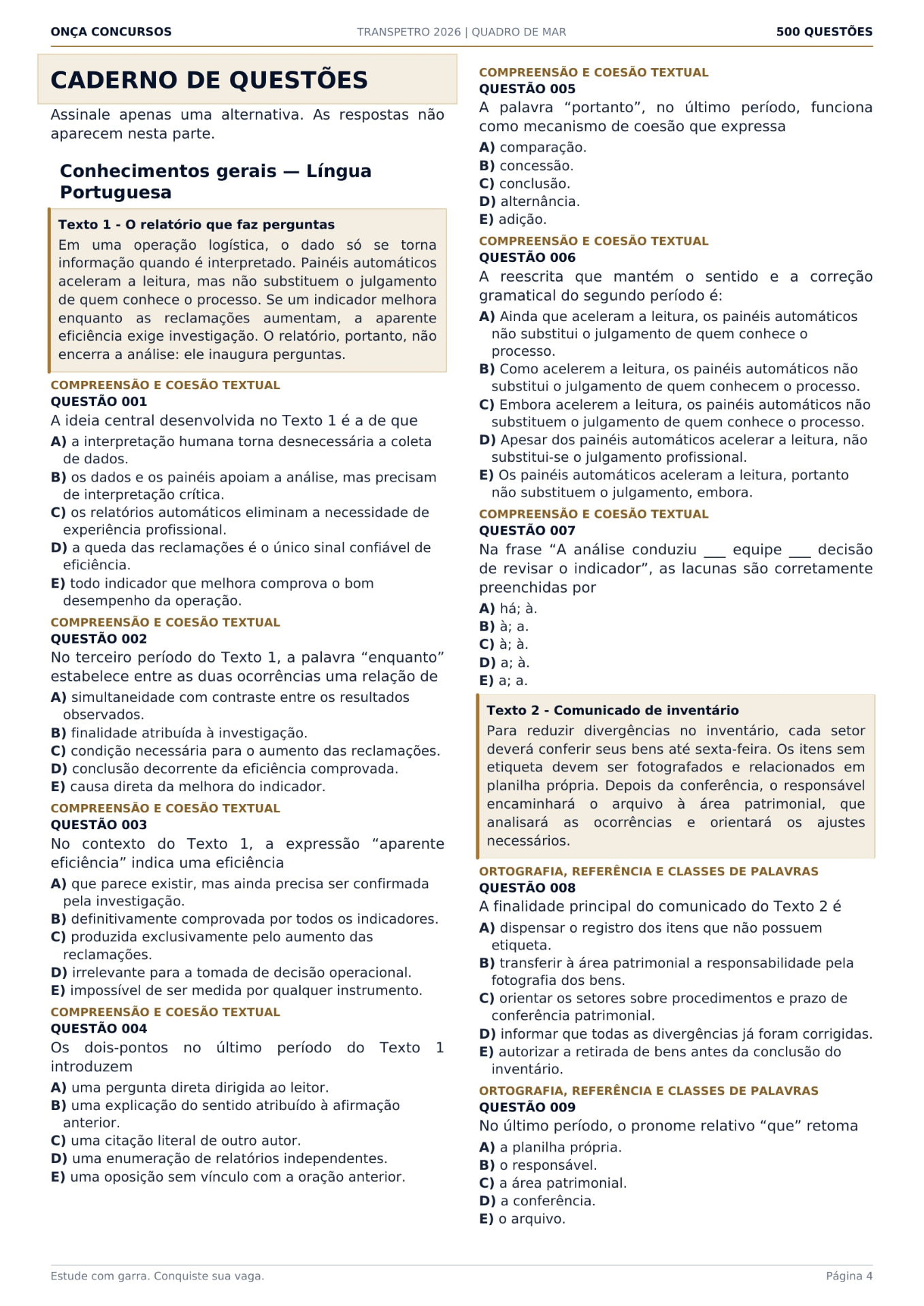 Página do caderno com 500 questões comentadas da Onça Concursos