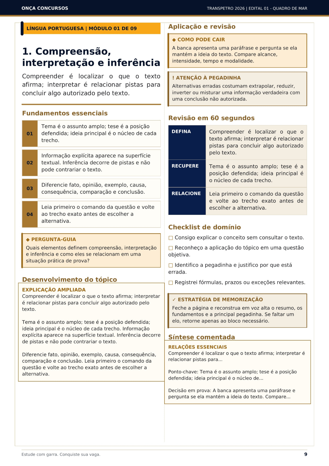 Página da apostila completa com teoria, checklist e revisão