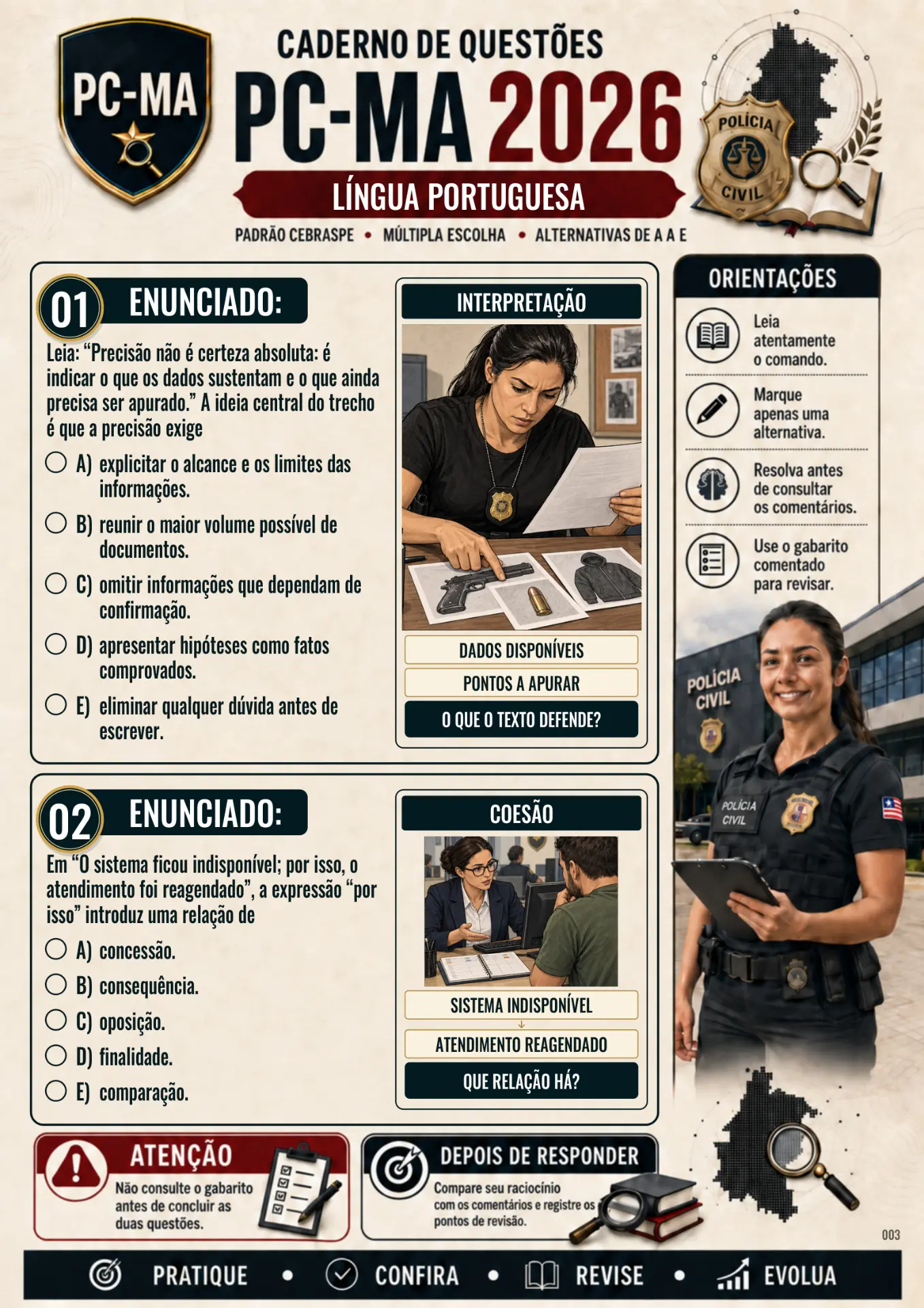 Página de amostra do caderno de Língua Portuguesa PC-MA 2026