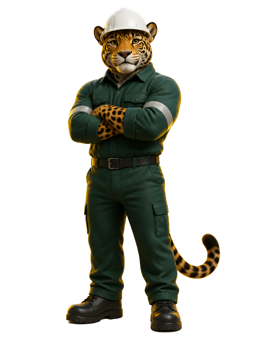 Mascote onça da Onça Concursos com uniforme industrial verde e capacete branco